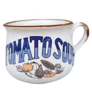 Vintage 1970s Stoneware Tomato Soup Mug with Blue Lettering